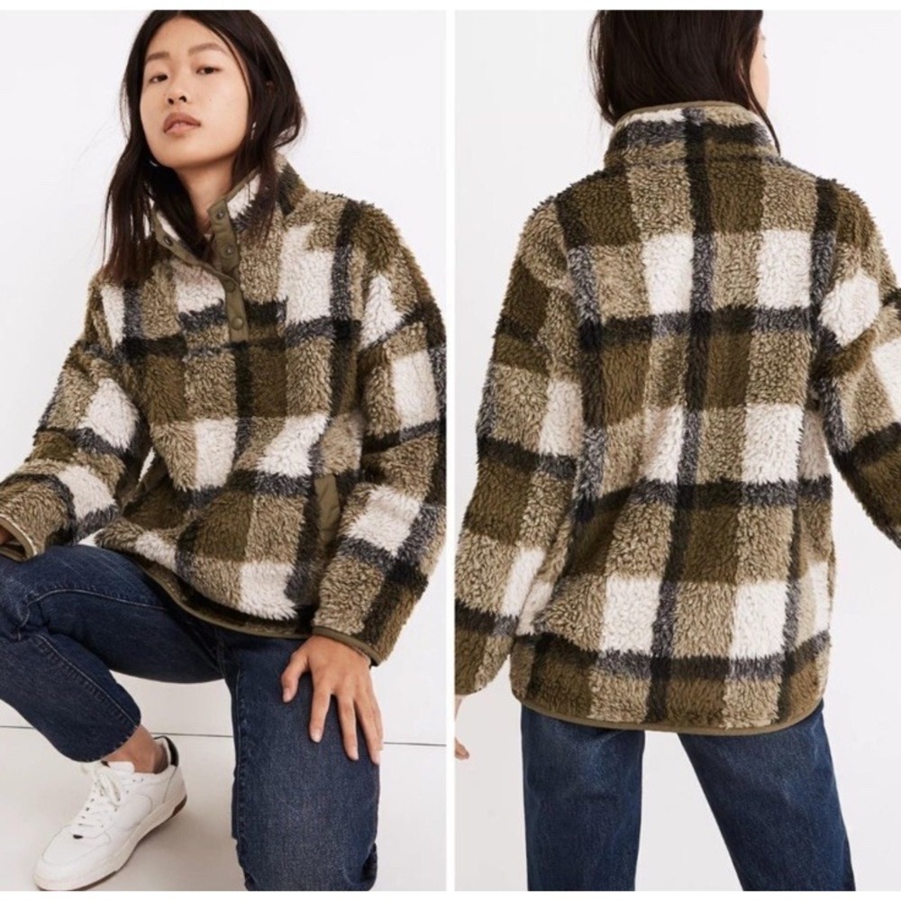 Madewell (Re)sourced Sherpa Popover Tunic Jacket Plaid Green Women Small NB532